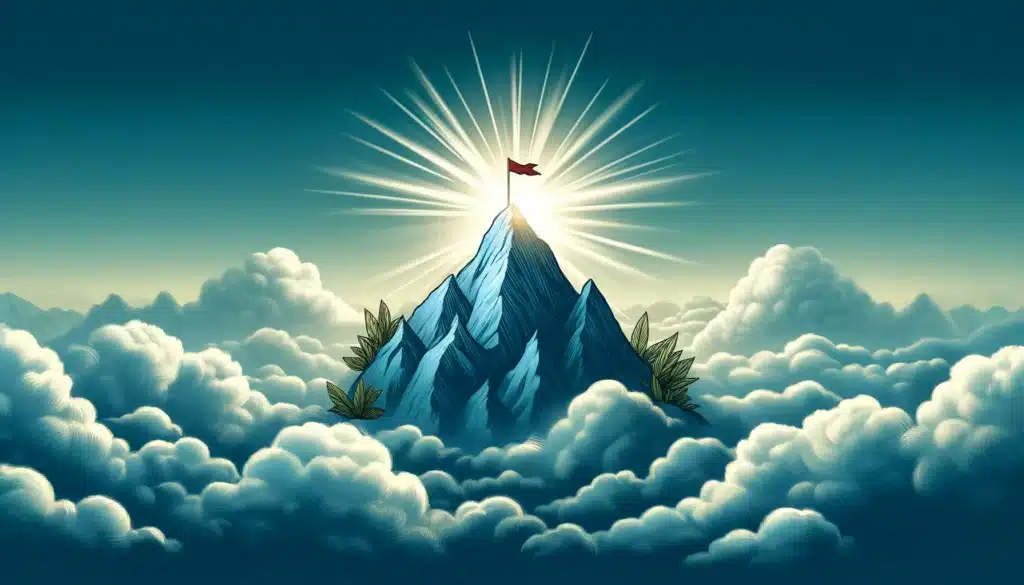 A mountain peak with a flag planted at the summit, surrounded by clouds and sunlight breaking through, symbolizing achievement and vision.
