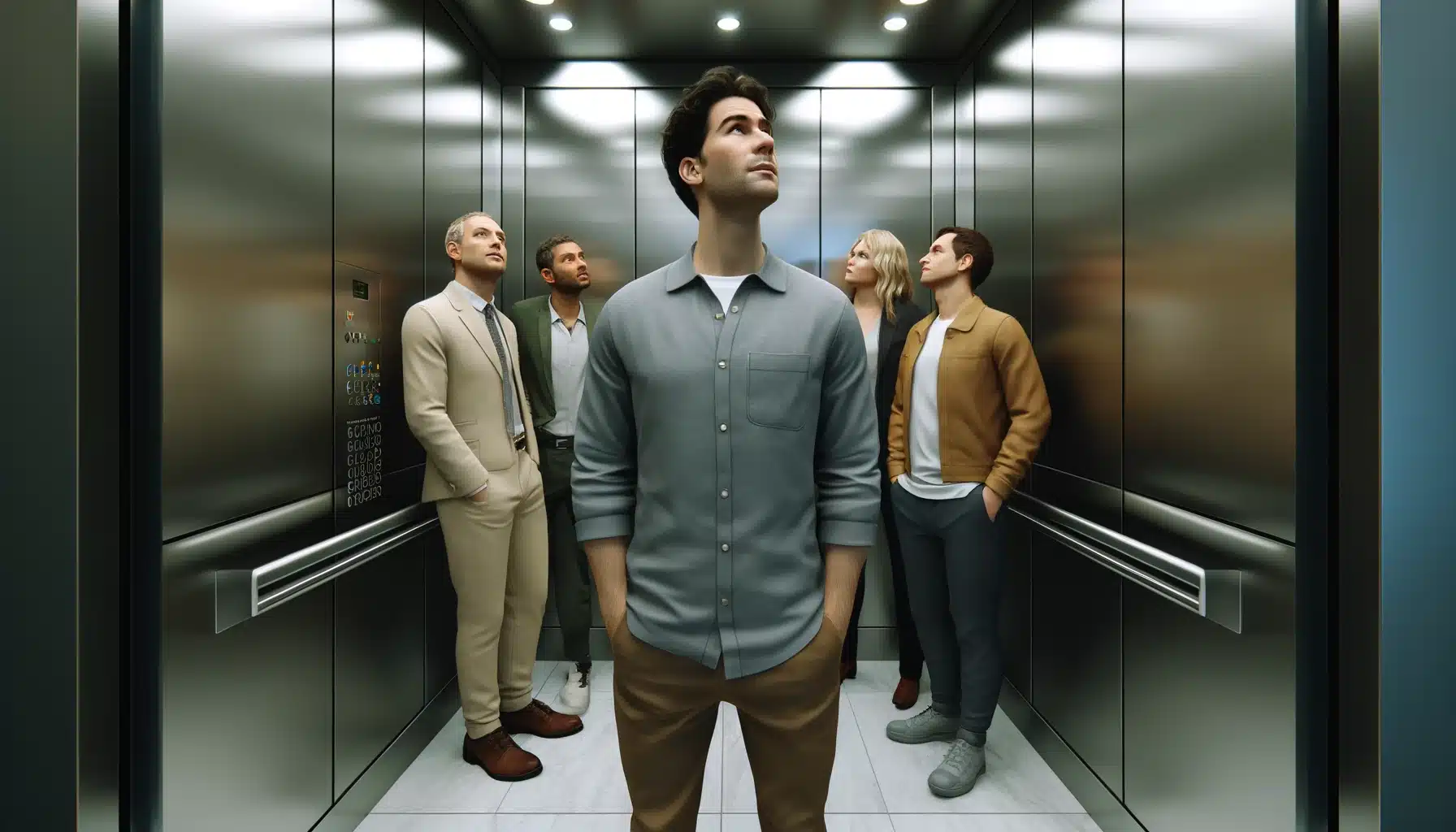 Silence on an elevator: varied reactions of individuals during an awkward silence in a confined space.
