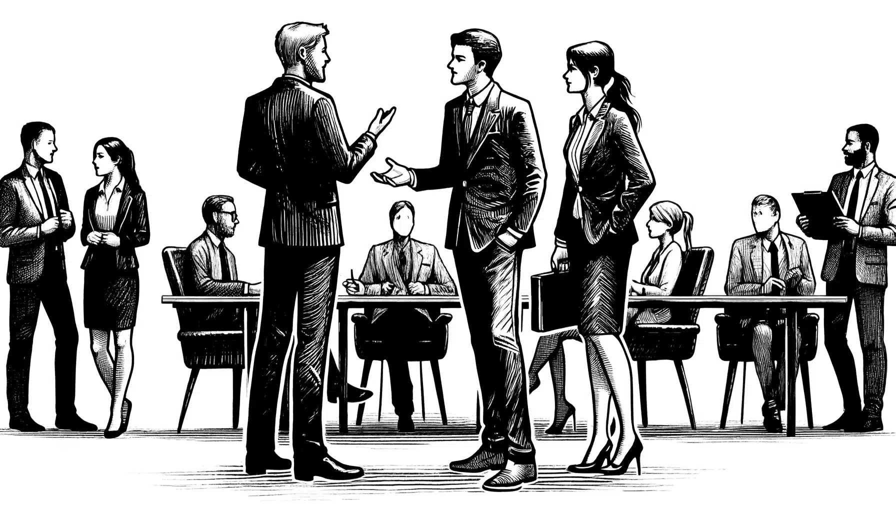 Illustration of professionals engaged in conversation in the foreground with a meeting in the background.