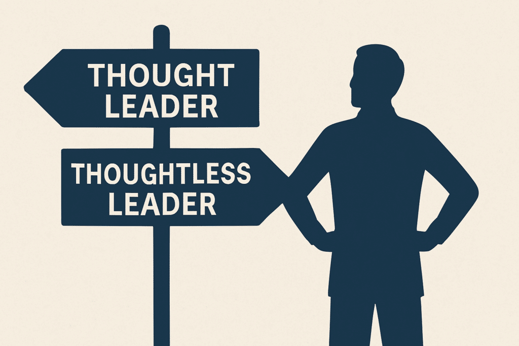Outline of a man standing by a double signpost labeled Thought Leader and Thoughtless Leader