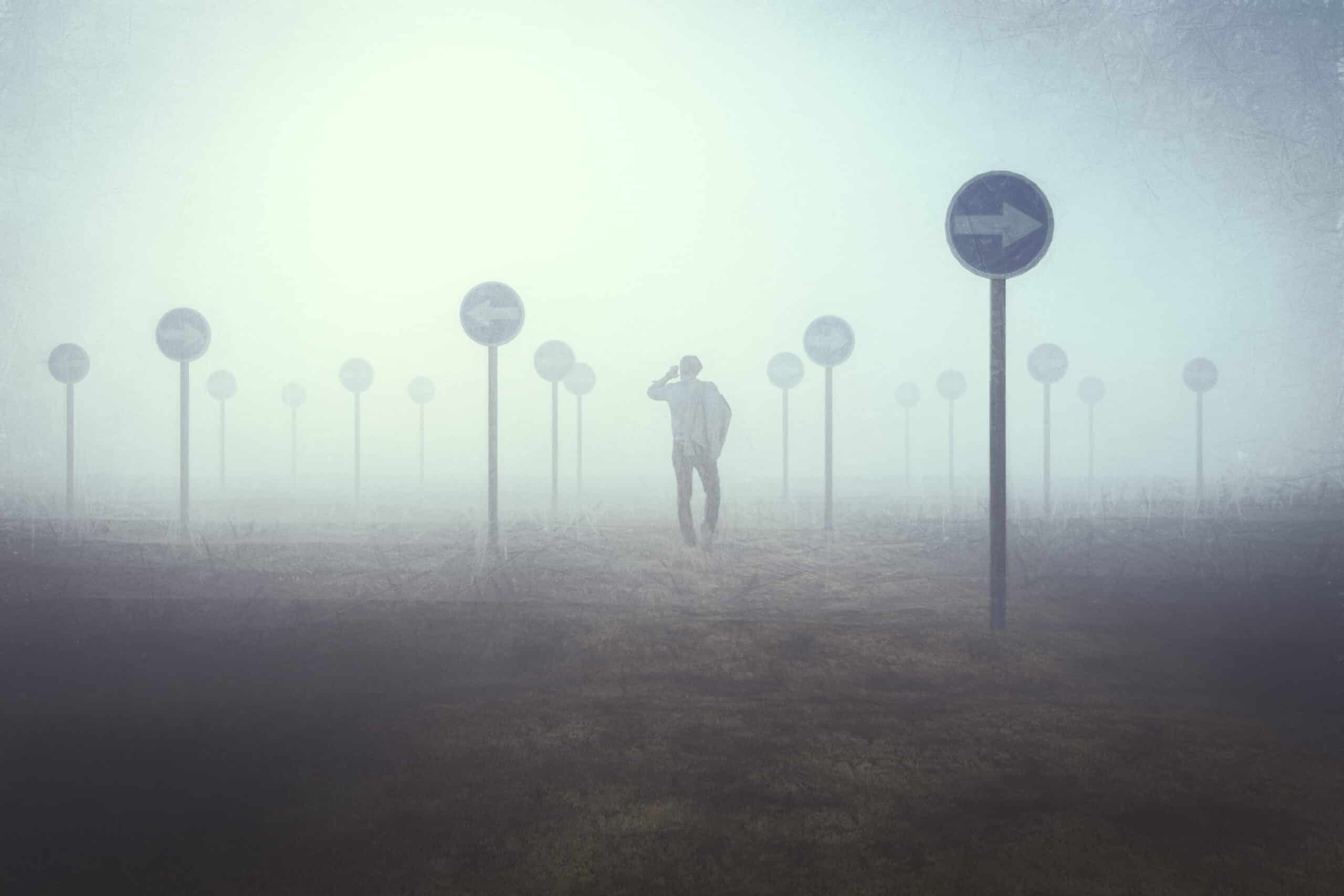 Photo of a man standing in fog surrounded by directional signs