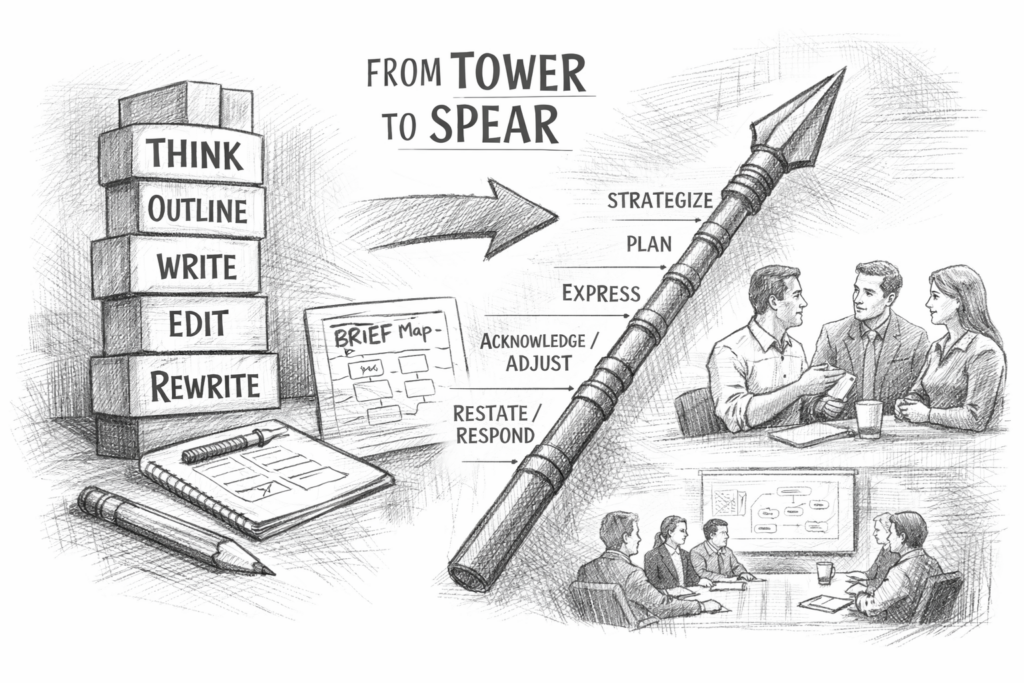 Pencil drawing of TOWER and SPEAR in a business context.