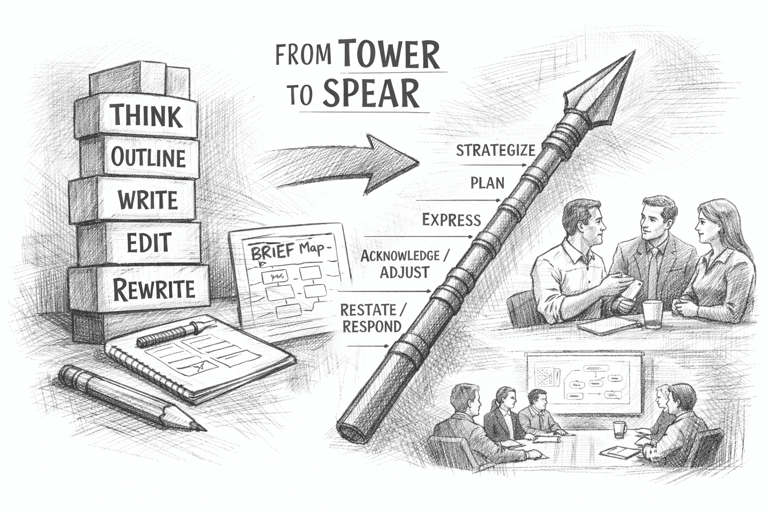 Pencil drawing of TOWER and SPEAR in a business context.