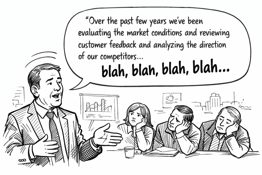 Line drawing of endless context camping and a disinterested audience