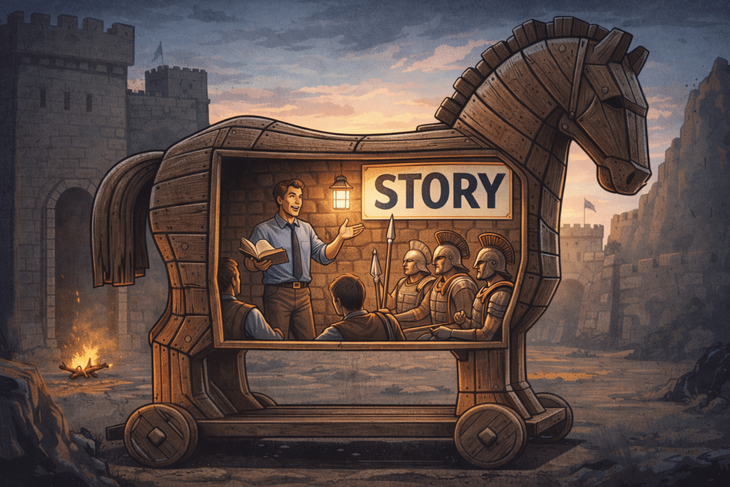 Illustration of a Trojan Horse with a storyteller inside.
