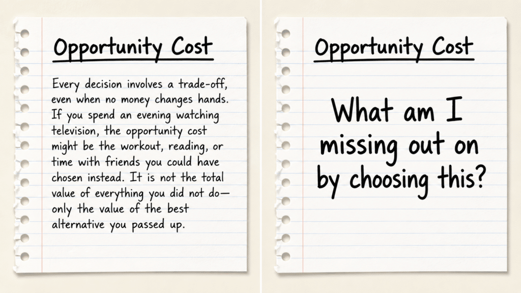 Dumbing it Down is not the same as simplification. Two notebook pages side by side labeled 'Opportunity Cost'; left page contains a paragraph about trade-offs, right page asks 'What am I missing out on by choosing this?'