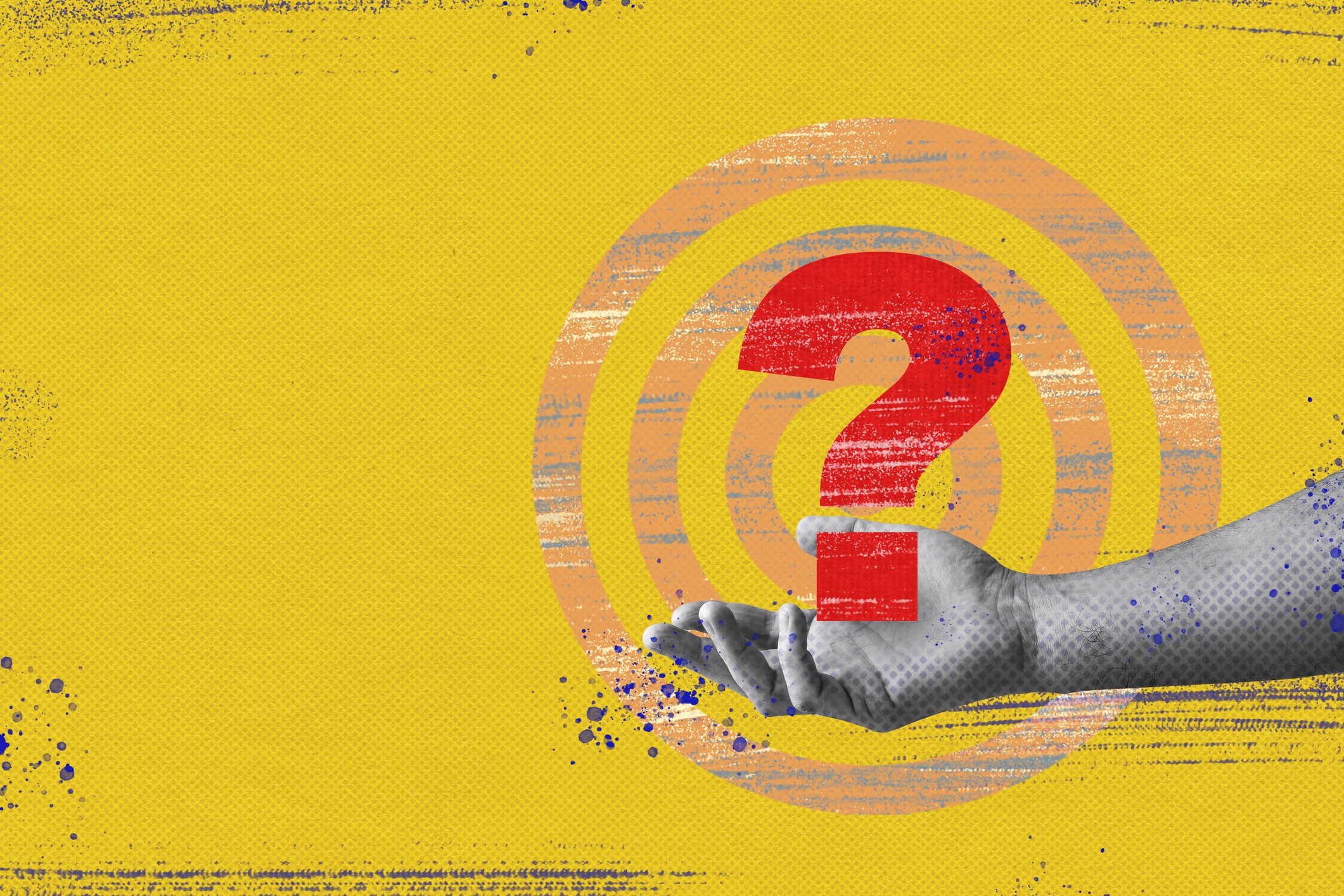 How to Answer Tough Questions: Collage a red question mark with a hand on the background of the target. The concept of the question of communication and assistance in finding an answer and solution. High quality photo