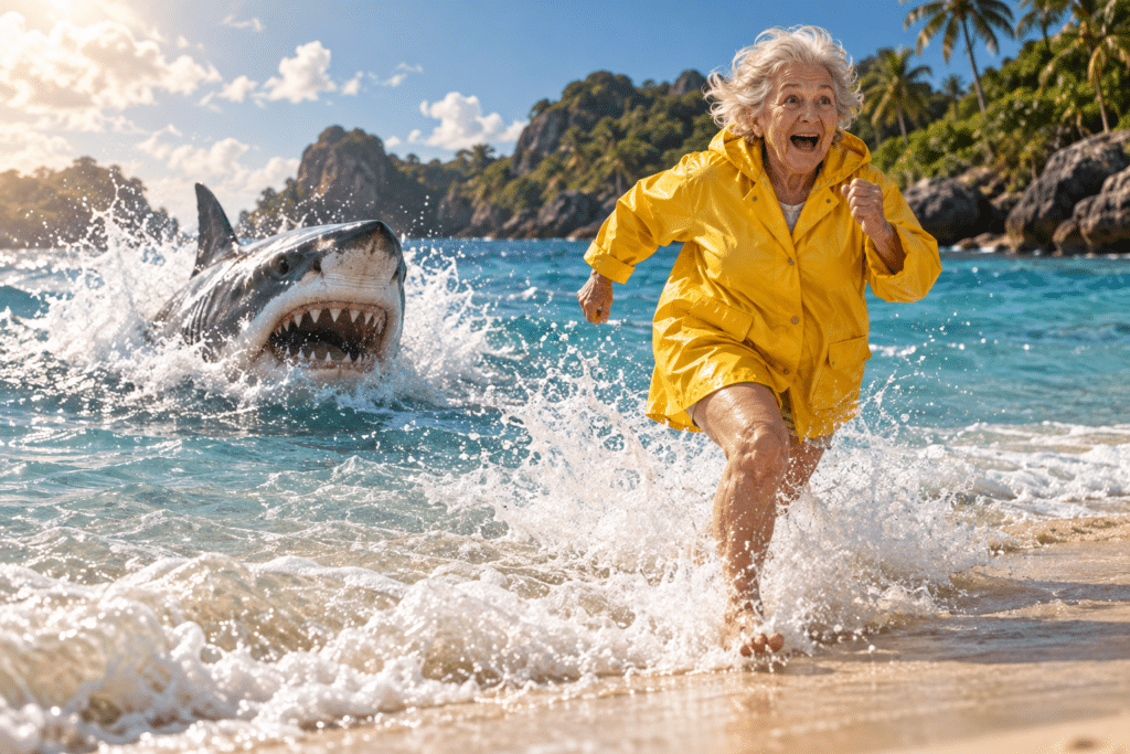 photorealistic image of a shark chasing an old lady on the beach